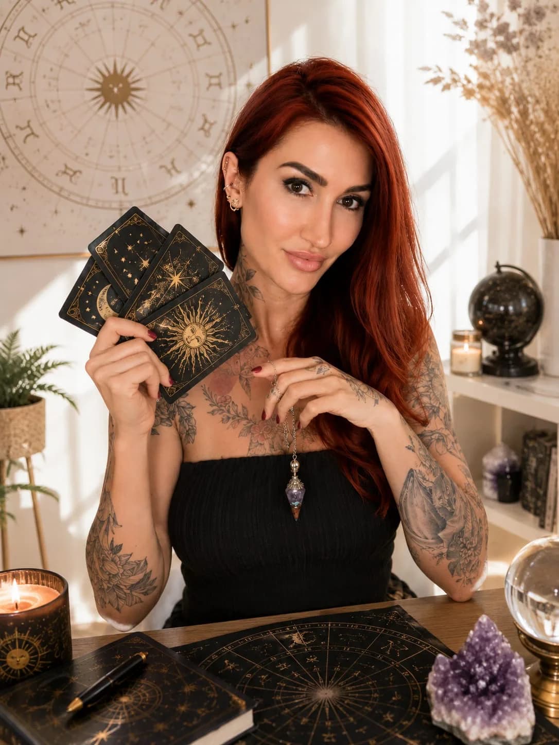 Sarah Bateleur en consultation, cartes d’astrologie en main
